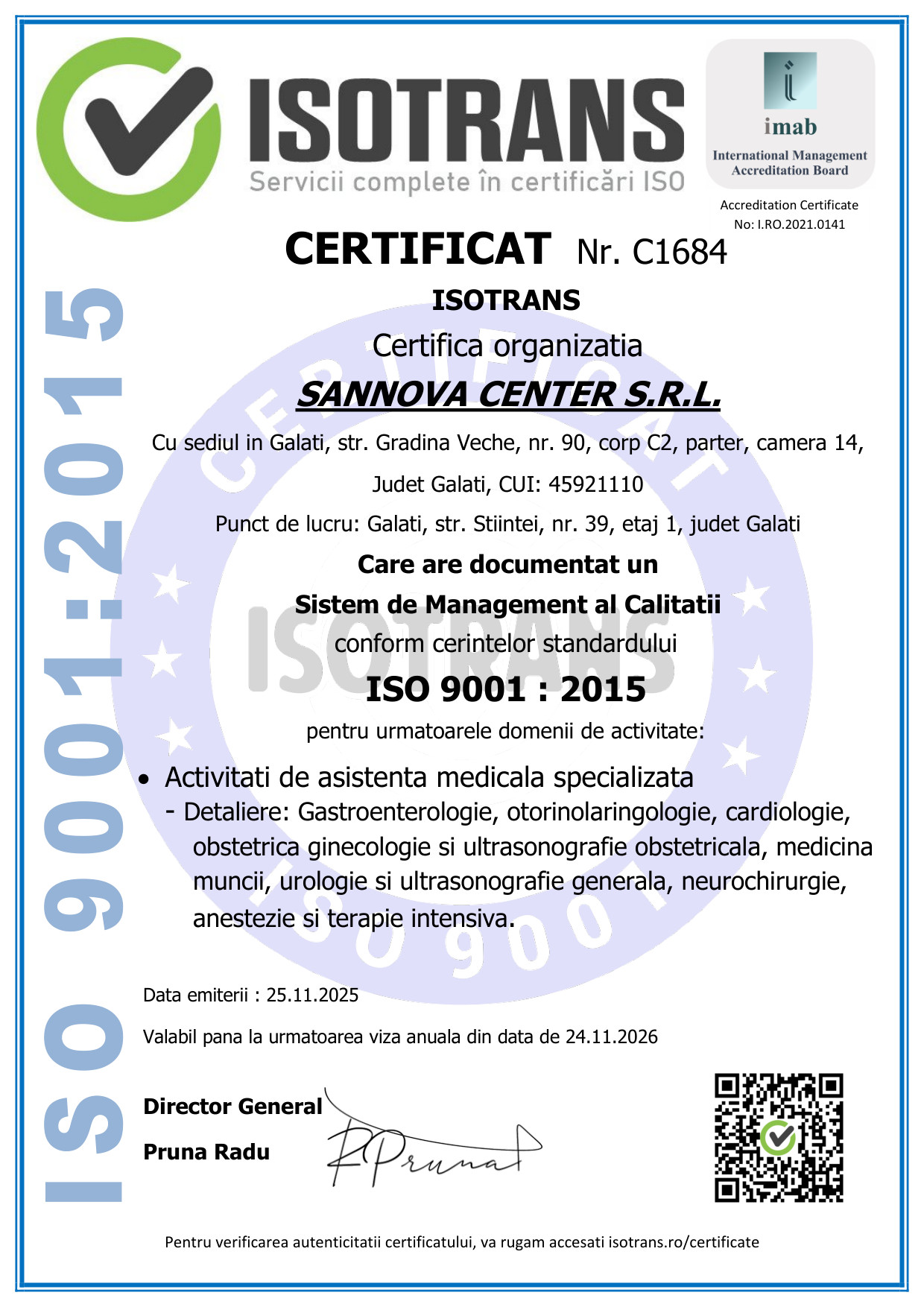 Certificat ISO 2025 — SC SANNOVA CENTER SRL, sistem de management al calității